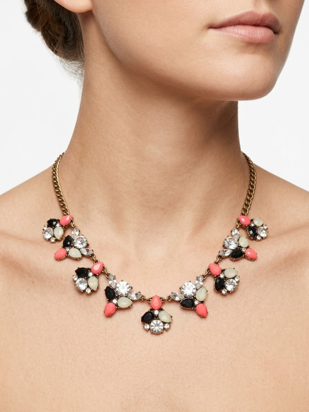 J. Crew Gold-Tone Floral Necklace with Coral, Black & Cream Accents